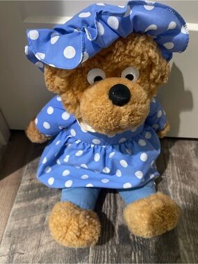 Plush Teddy Bear in Blue Polka Dot Dress and Hat